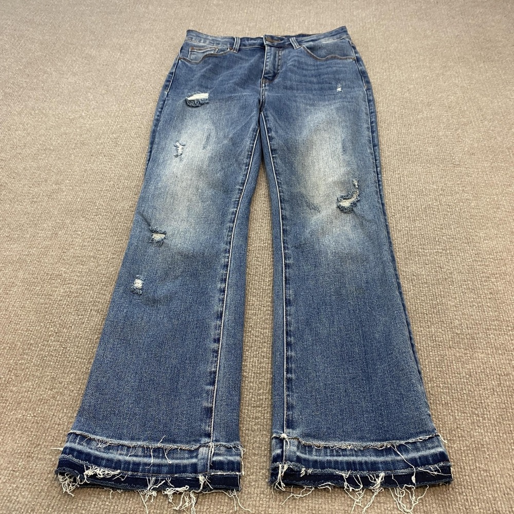 Risen Flare Jeans Womens 7/28 Blue Med Wash Mid Rise Distressed Fringe Hem - Picture 1 of 13